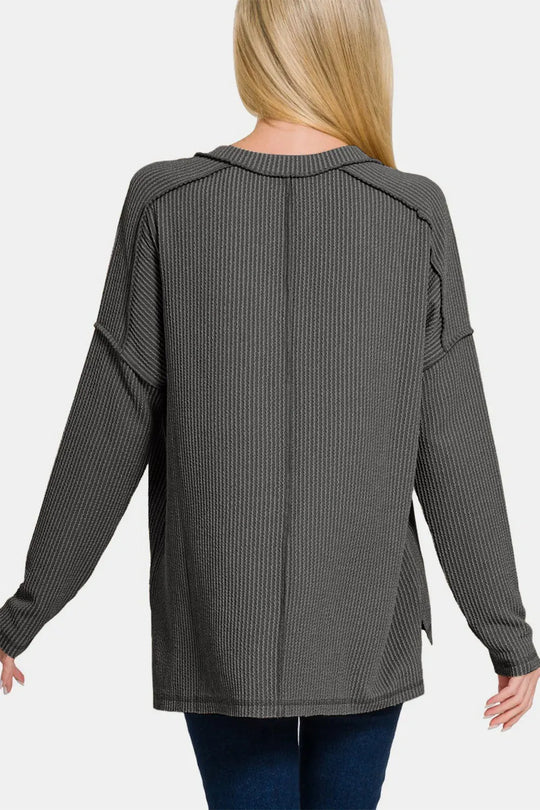 Another view: Texture Exposed Seam V-Neck Long Sleeve T-Shirt