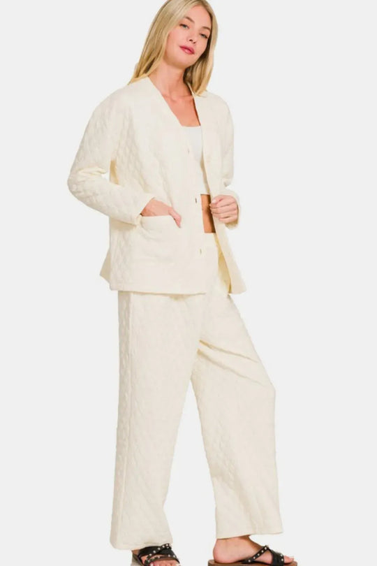 Another view: Quilted Button Up Long Sleeve Top and Pants Lounge Set