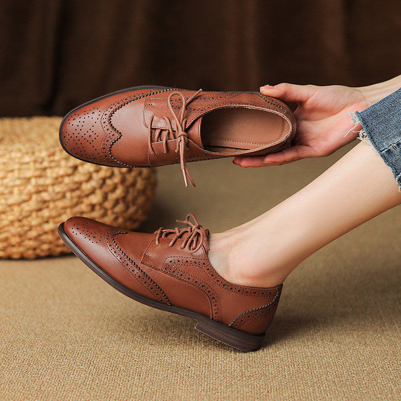 Women's British-Style Lace-Up Peep-Toe Oxford Shoes | Wax Cowhide Leather Flats