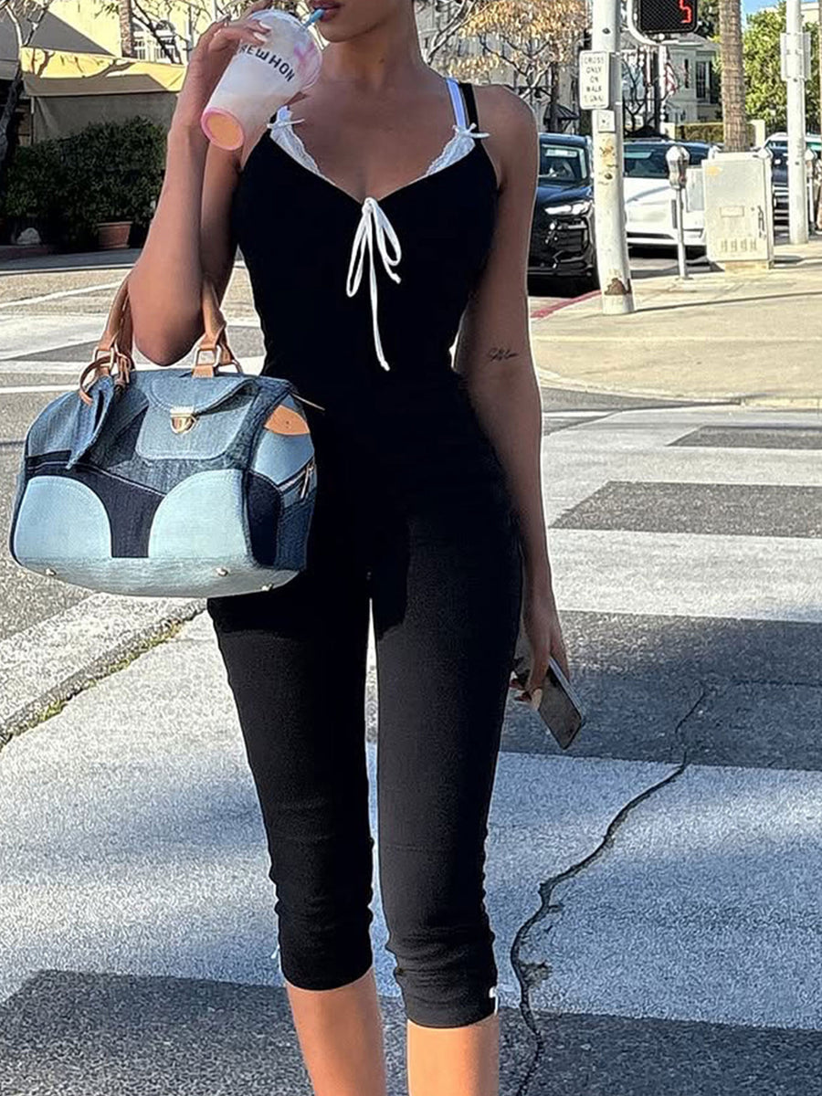 Black Contrast-Lace Tie-Front Capri Jumpsuit