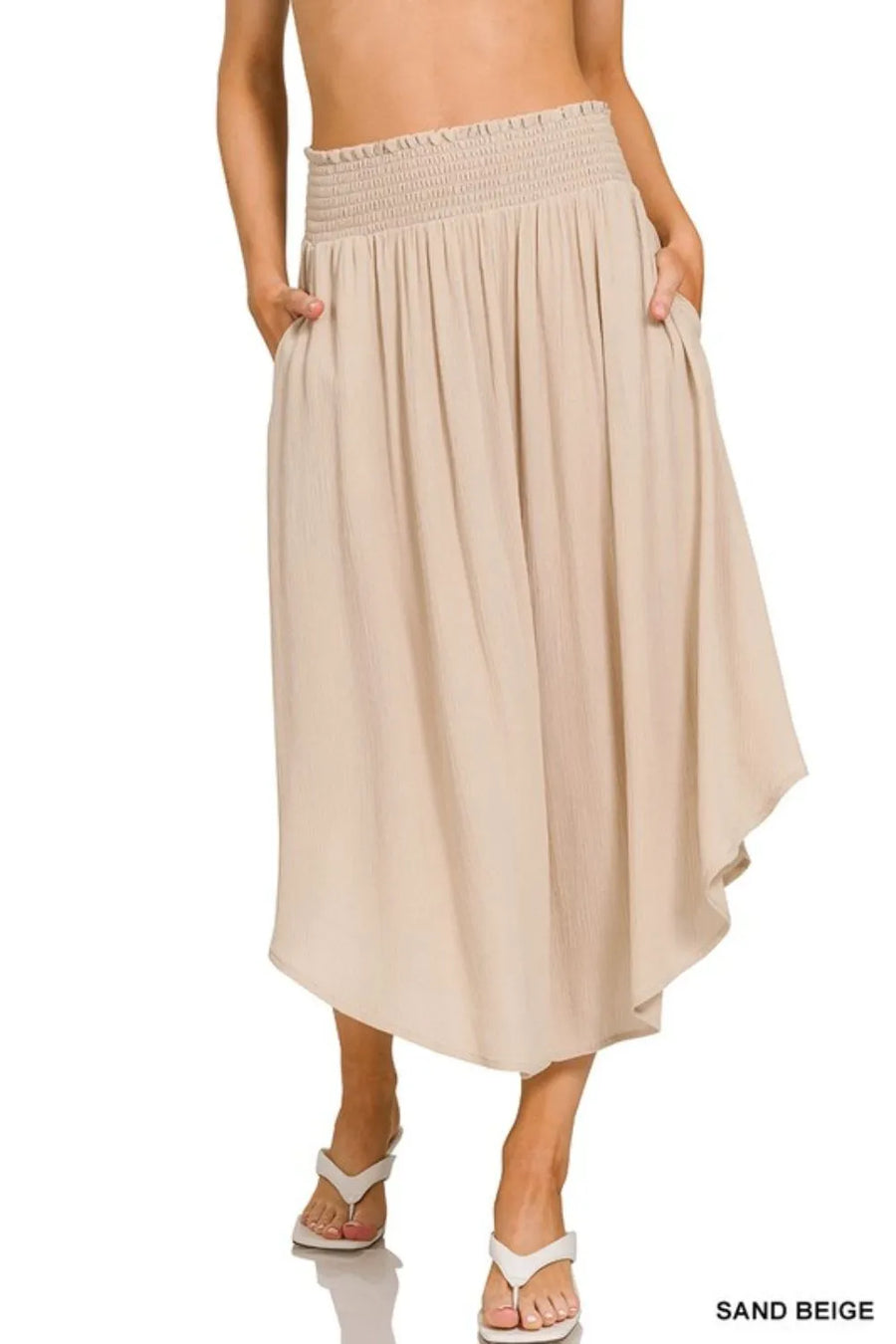 Woven Crinkle Smocked Waist Maxi Skirt with Pockets — SAND BEIGE