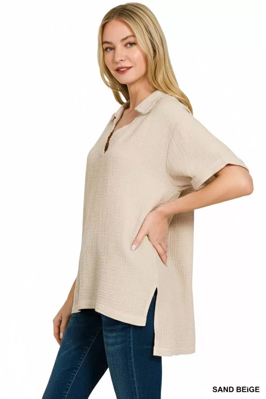 Another view: Double Gauze Short Sleeve High-Low Top — Sand Beige