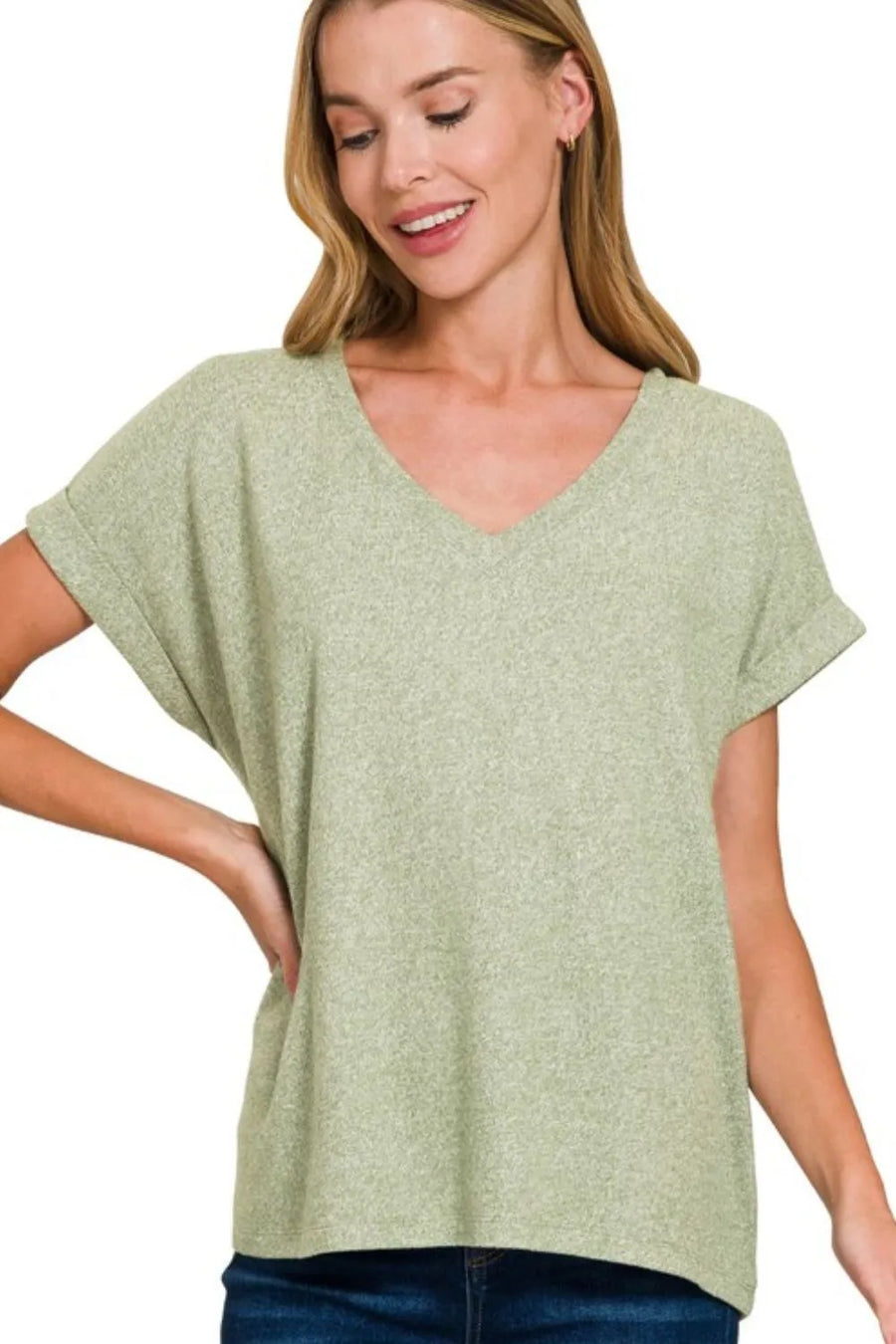 Soft Melange Hacci V-Neck Tee — LT OLIVE