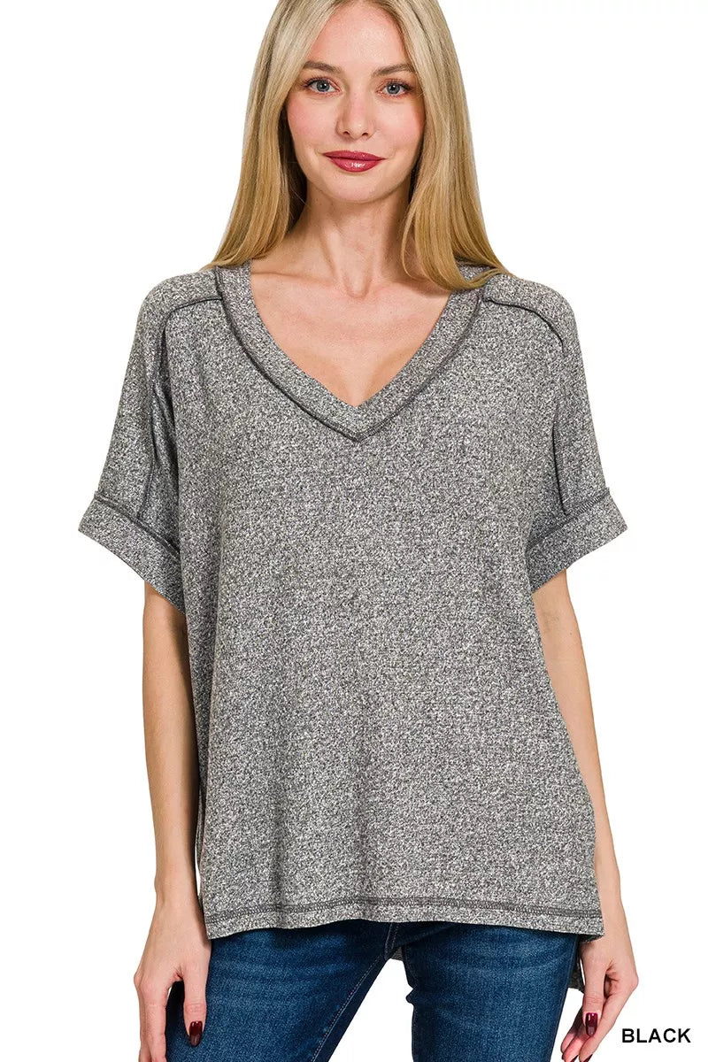 Curve Soft Melange Hacci V-Neck Short Sleeve High-Low Tee