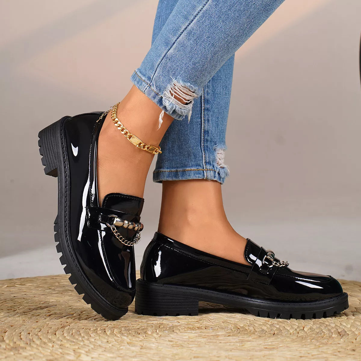 Women's Chain Embellished Round Toe Loafers – Mid Heel, PU Leather, Slip-On