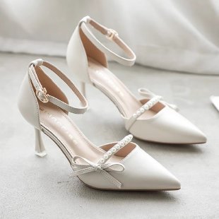 Women's Pointed-Toe Stiletto Pumps | Leather Strap Heels in Off-White & Emerald Green
