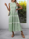Green smocked striped lace-trim sleeveless midi dress