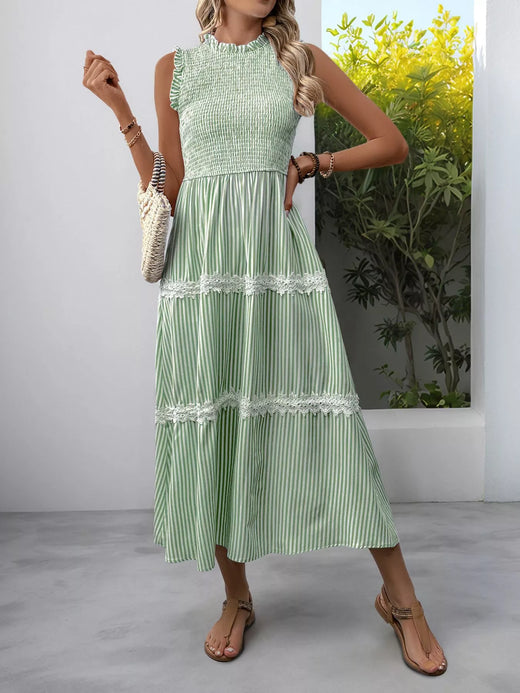 Green smocked striped lace-trim sleeveless midi dress
