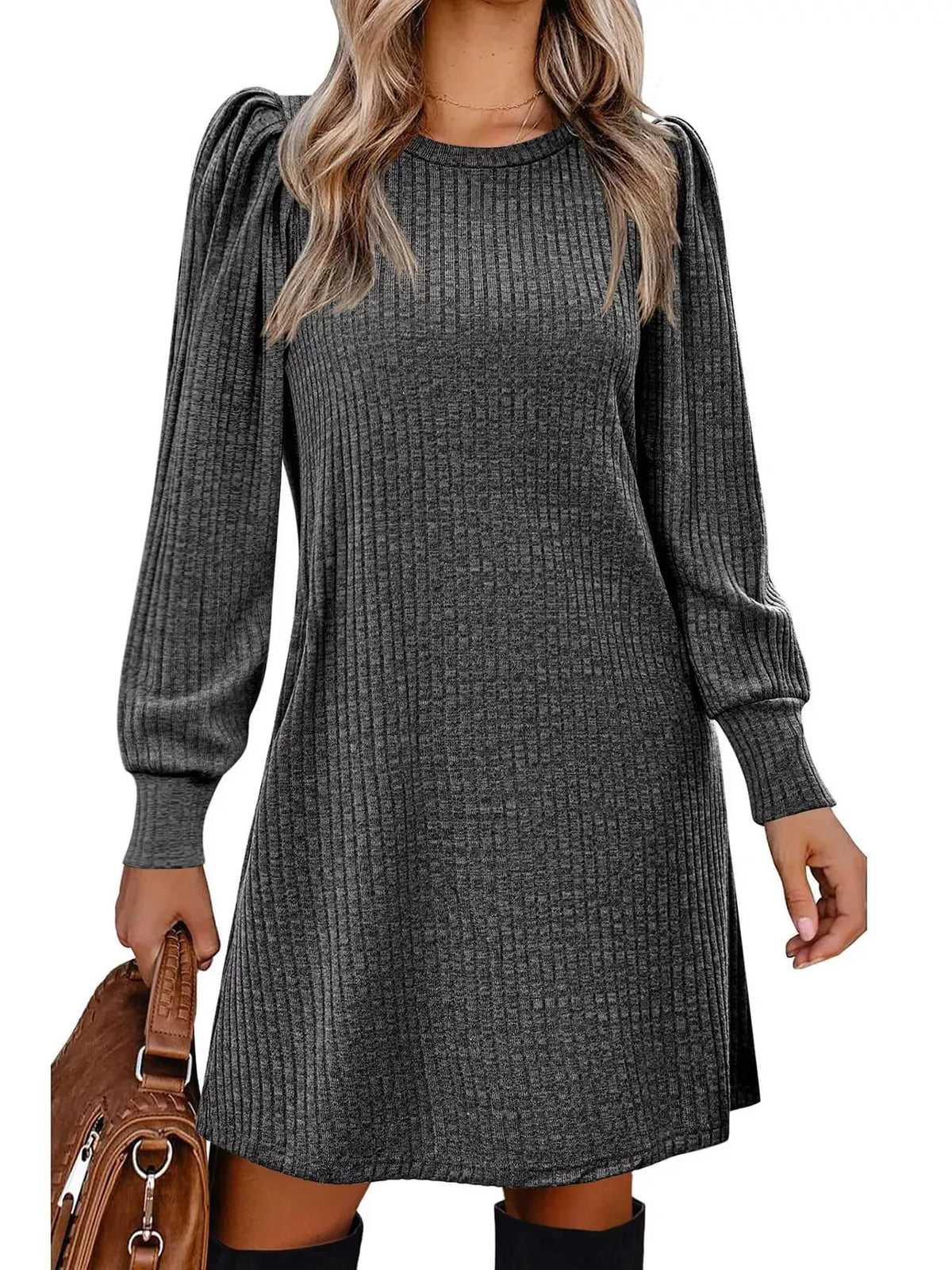 Puff-Sleeve Ribbed Knit Dress with Pockets — photo 2