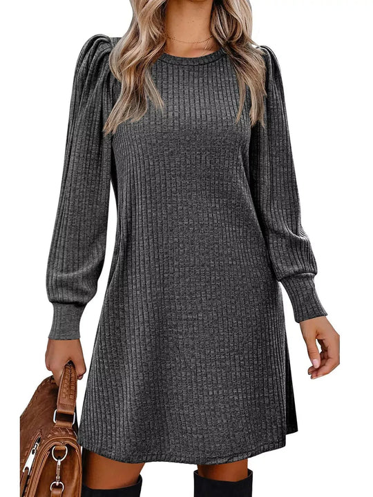 Another view: Puff-Sleeve Ribbed Knit Dress with Pockets