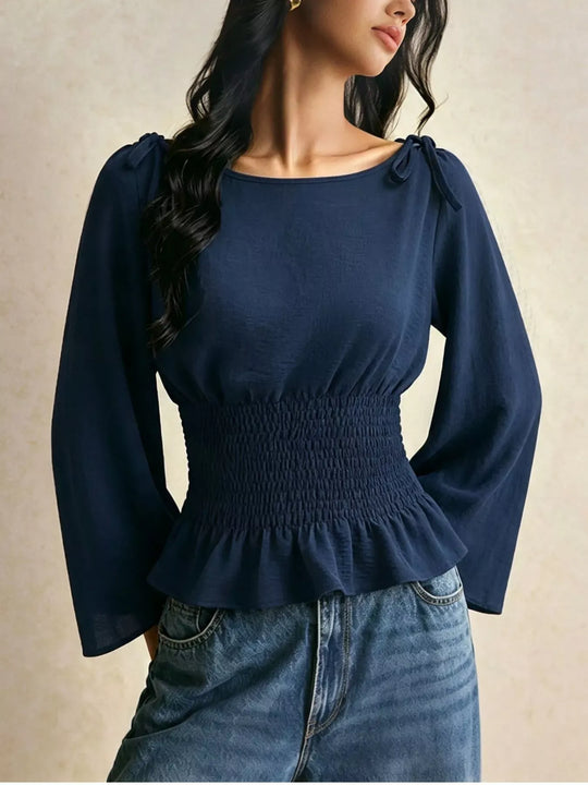 Another view: Smocked Waist Flare Sleeve Blouse