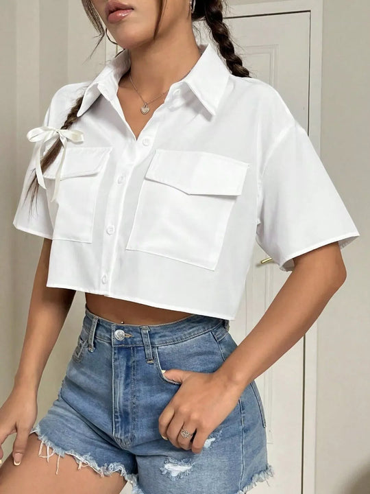 Another view: Short-Sleeve Crop Shirt with Chest Pockets