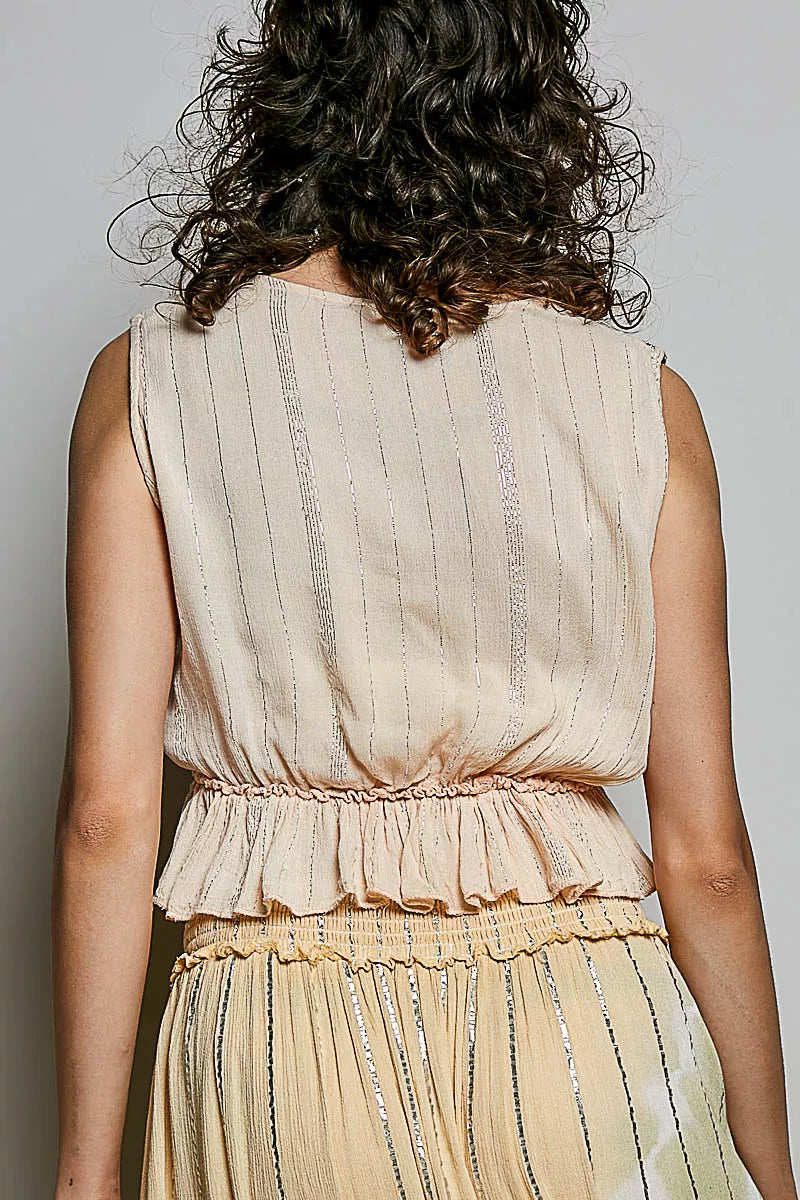 POL Shimmer Tie-Front Ruffle Crop Top