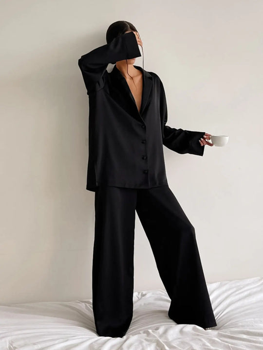 Another view: Buttoned Long-Sleeve Top & Wide-Leg Pants Lounge Set — Black