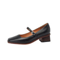 Retro Square Toe Chunky Heel Leather Pumps - Genuine Cowhide Leather Women's Shoes
