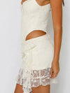 Milky-white ruffled floral-lace mini skirt