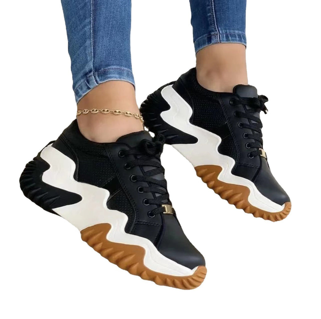 Women's Lace-Up Platform Sneakers | Patent Leather Round-Toe Chunky Heels