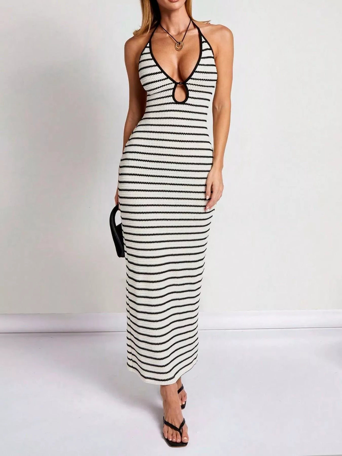 Striped Halter Cutout Maxi Dress