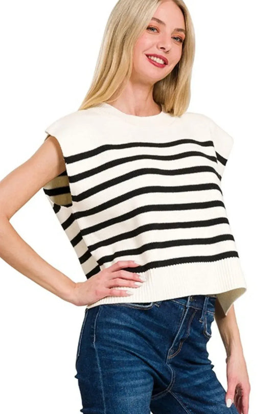 Another view: Oversized Crew Neck Stripe Sweater Vest — Black