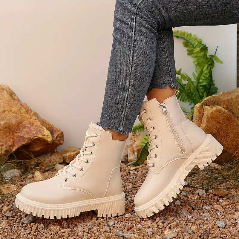 Women's Motorcycle Ankle Boots - Chunky Heel Side Zipper Boots