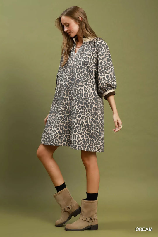 Another view: Umgee Leopard Print Quarter Zip Puff Sleeve Mini Dress