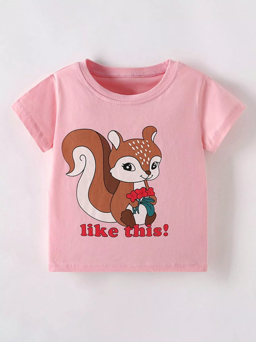 Kids’ Squirrel Graphic Cotton T-Shirt — Blush Pink