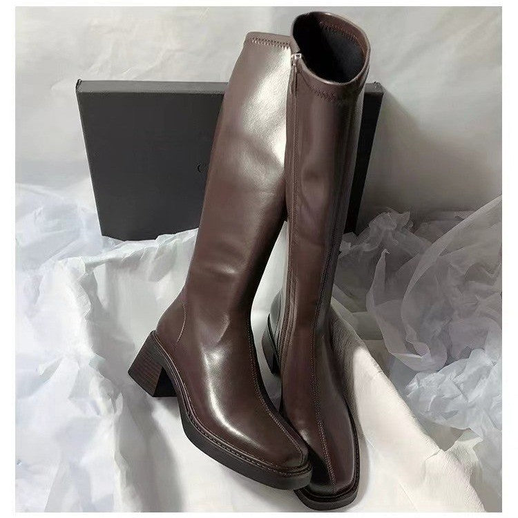 Women's Square-Toe Over-the-Knee Boots | Chunky Heel Side Zipper | Brown & Black