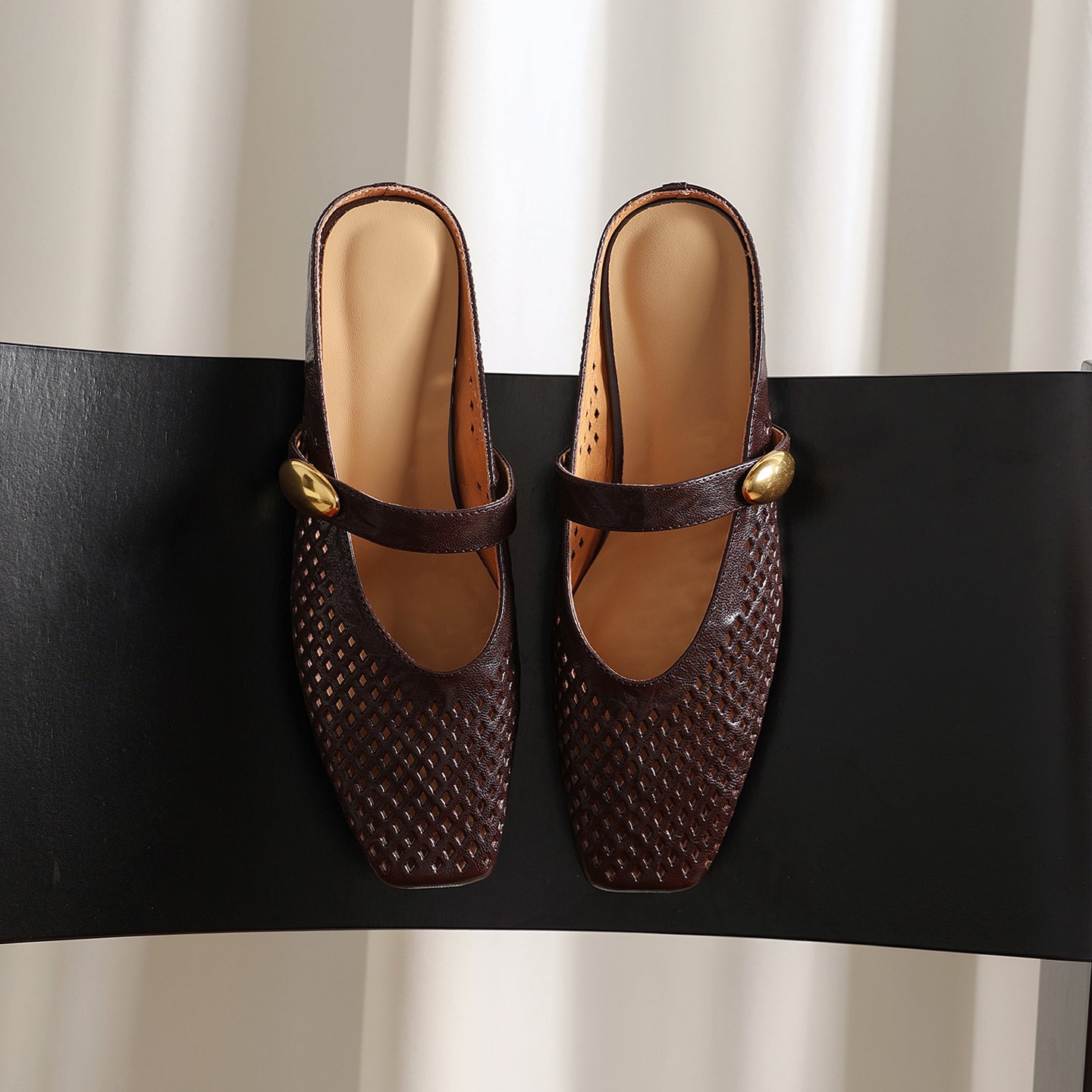 Women's Sheepskin Mary Jane Mules | Perforated Square Toe Low Block Heel Slides