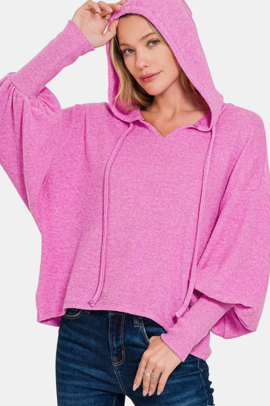 Brushed Hacci Drop Shoulder Cropped Hoodie — Bright Mauve