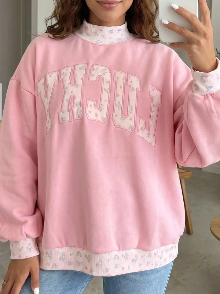 High-Neck Floral Embroidered Sweatshirt — Blush Pink
