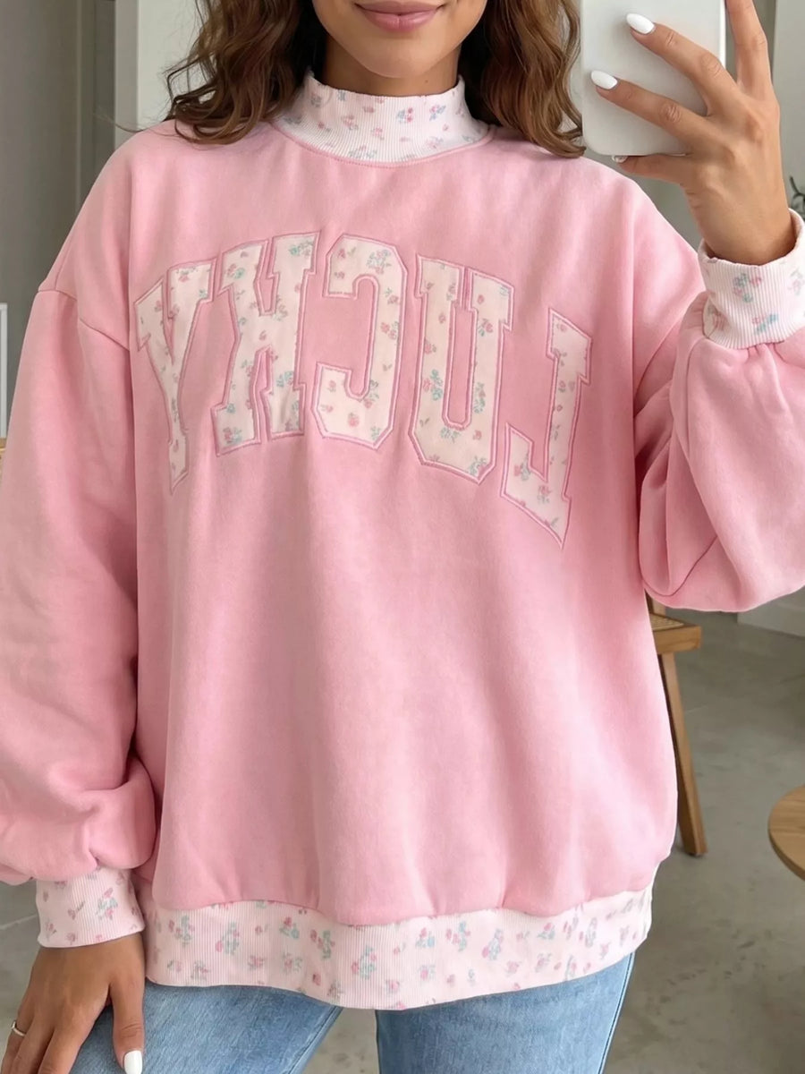 High-Neck Floral Embroidered Sweatshirt — Blush Pink