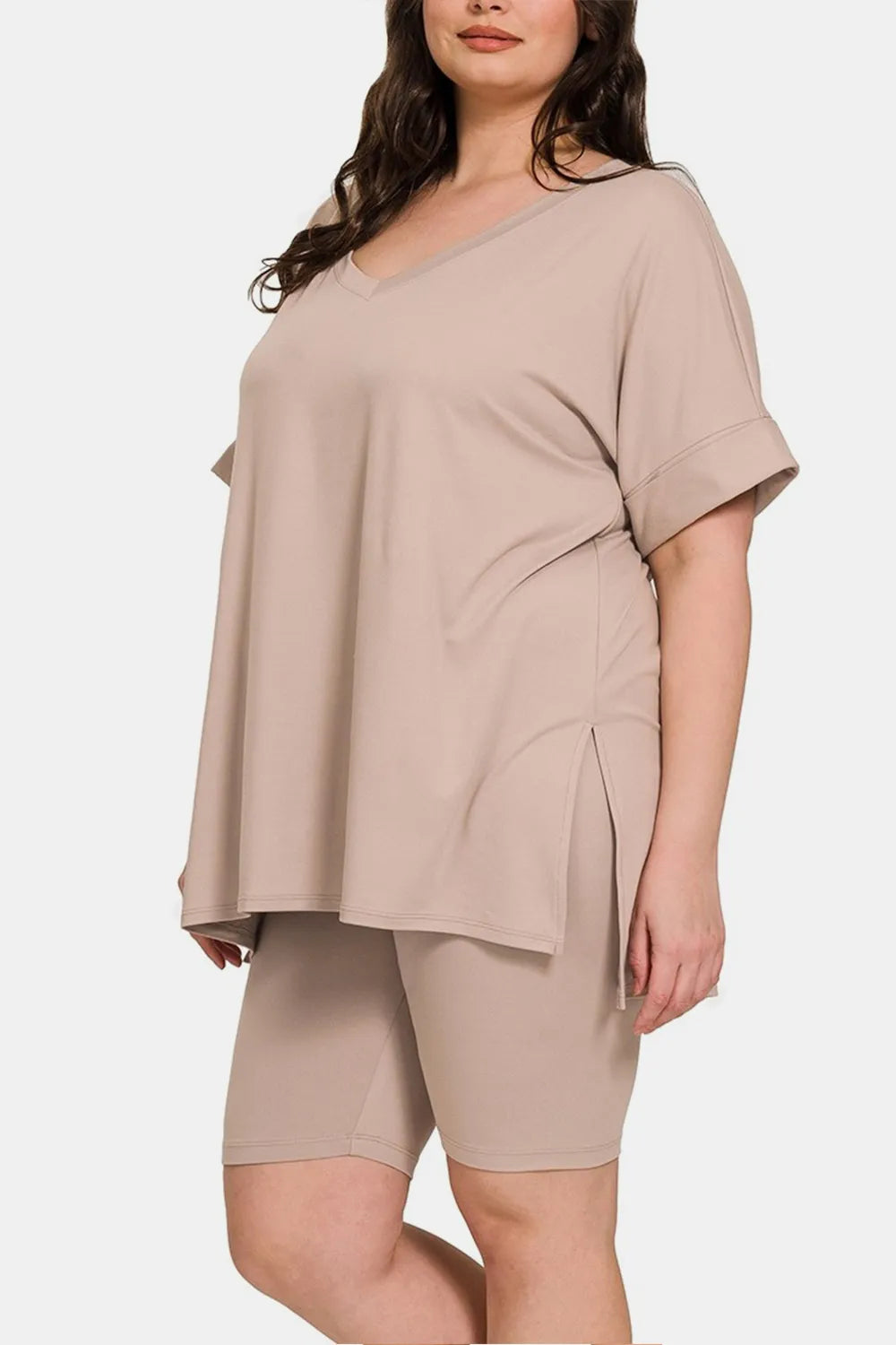 Curve V-Neck Short Sleeve Slit T-Shirt and Shorts Set