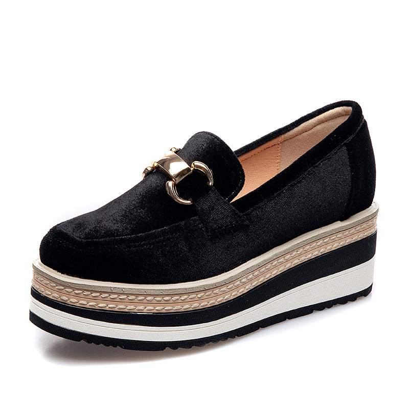 Metal Buckle Striped Wedge Slip-On Shoes