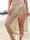 Fringe-trim openwork split swim cover-up skirt