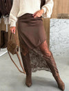 Women's brown lace-trim satin midi skirt