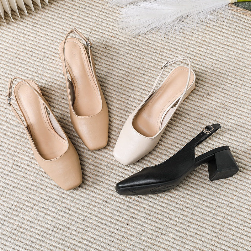 Women's Square Toe Chunky Heel Sandals | Genuine Leather Buckle Closure | Mid Heel Summer Shoes