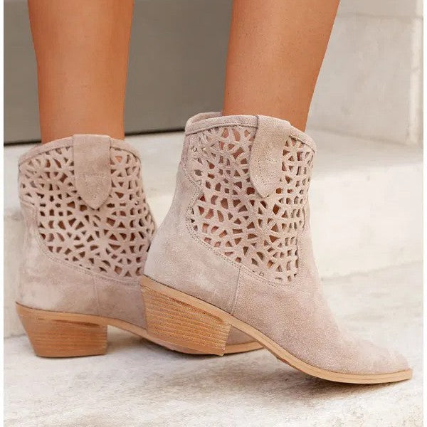 Women's Chunky Heel Ankle Boots - Pointed Toe Slip-On Boots with Cutout Design