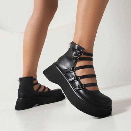 Women's Punk Style High-Top Boots with Belt Buckle & Thick Sole - Waterproof Platform Ankle Boots