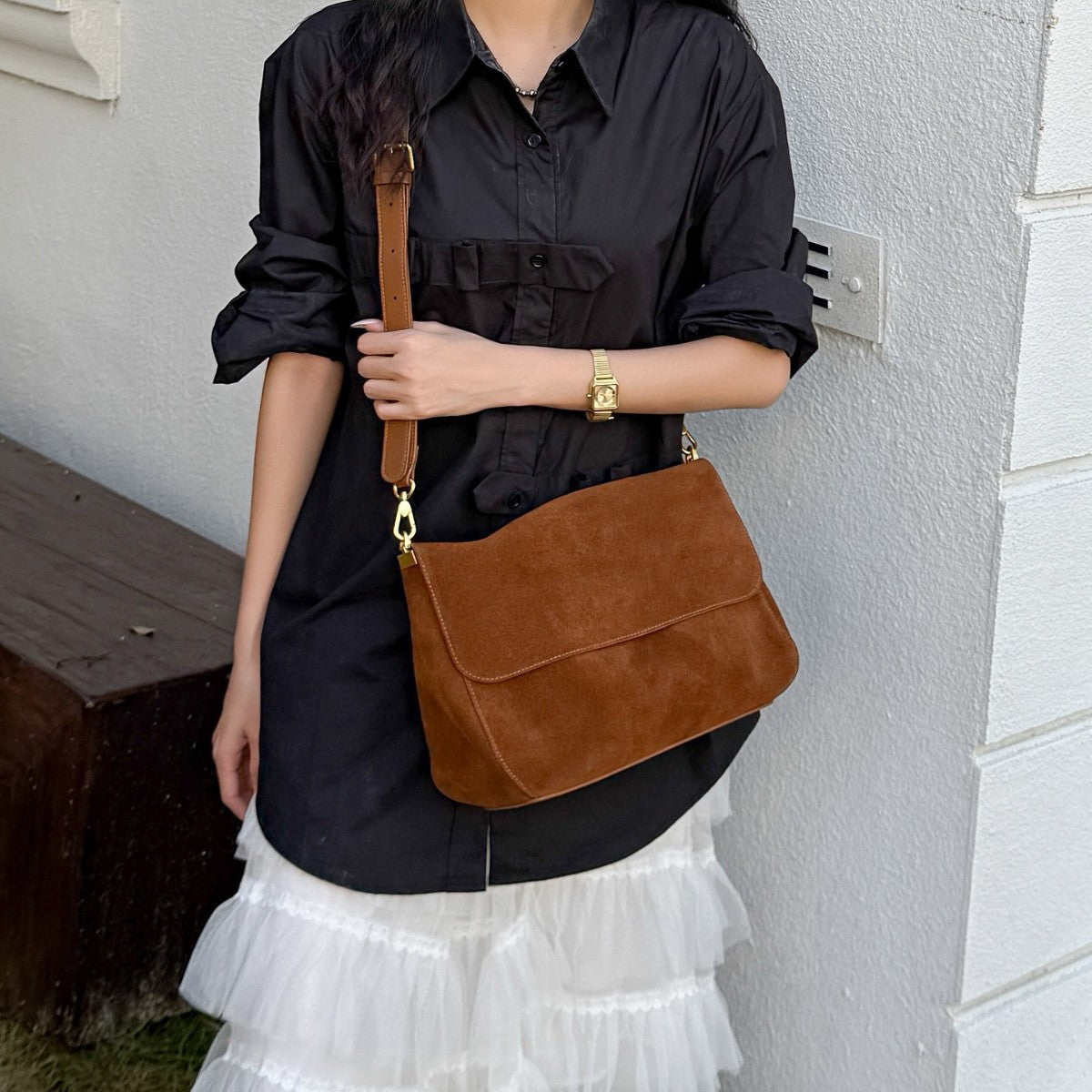 Fragrant Consort Women's Genuine Leather Crossbody Shoulder Bag – Velvet Patchwork Streetwear Handbag
