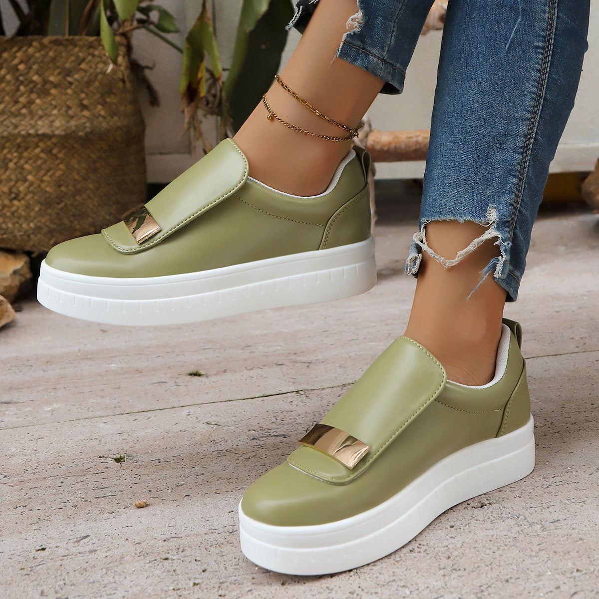 Women's Velcro Slip-On Sneakers | Thick Sole PU Leather Casual Shoes
