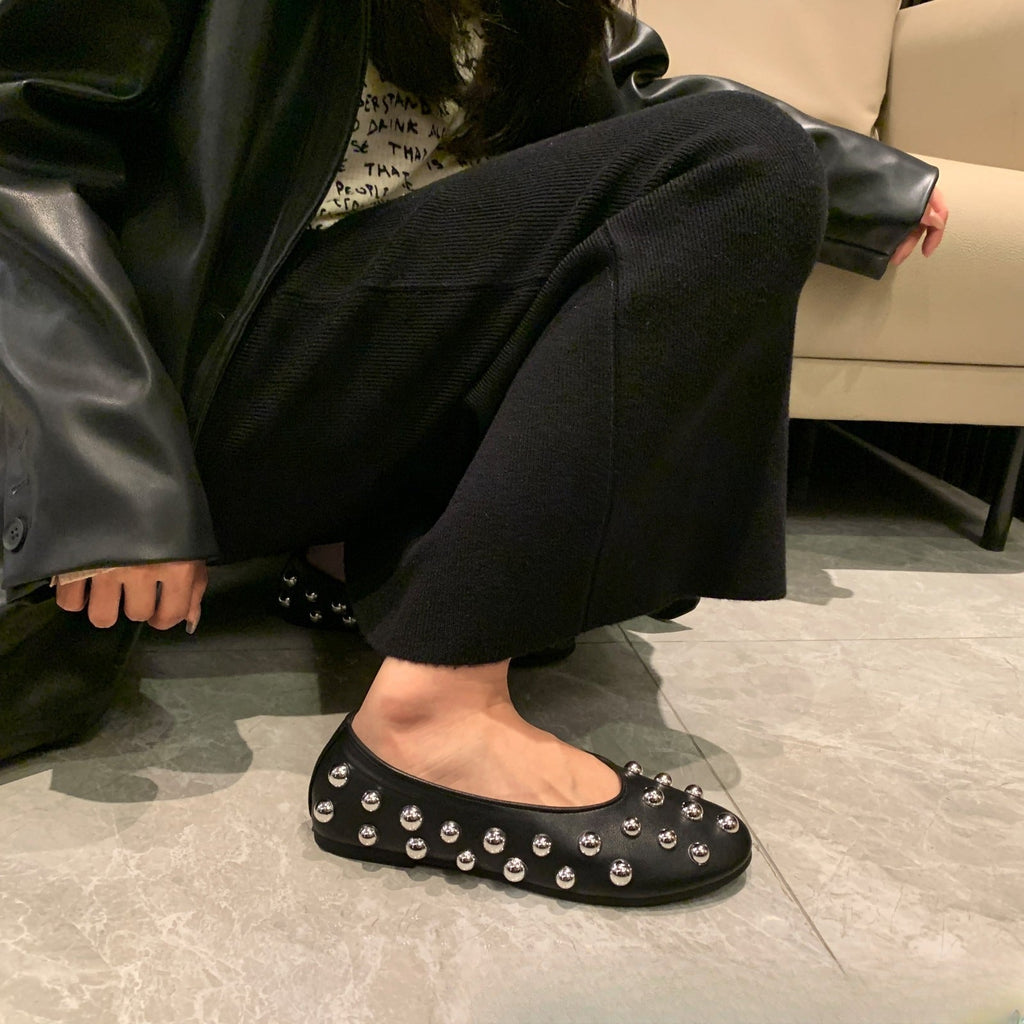 Women's Black Studded Ballet Flat Shoes – PU Leather Casual Flats with Metal Stud Detail