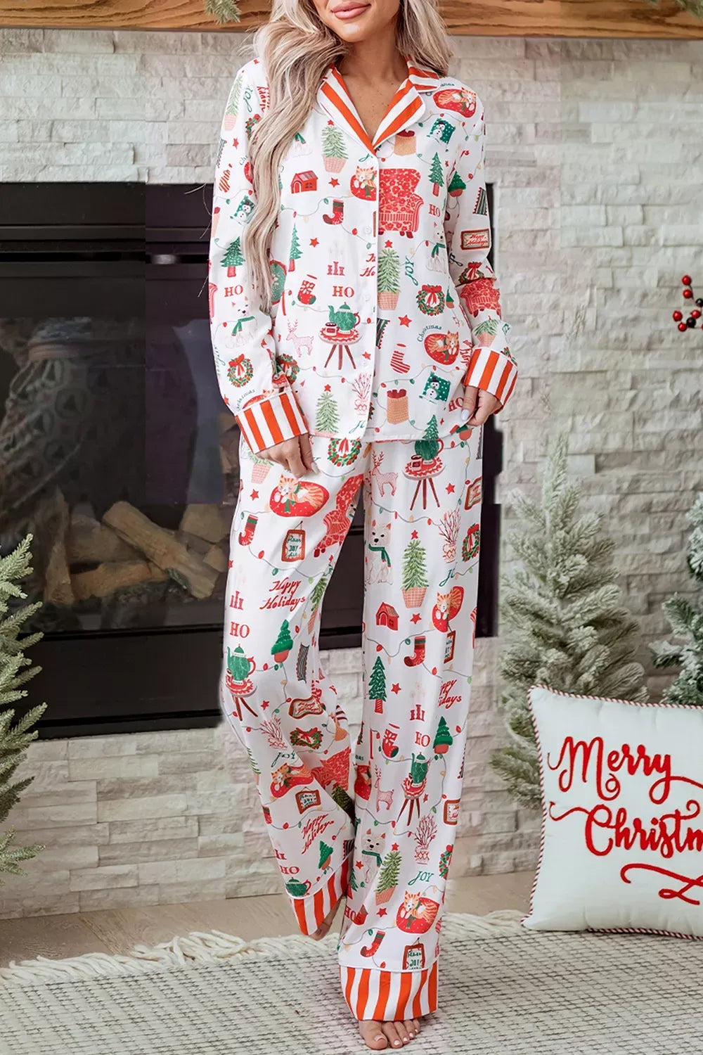 Women's Striped Holiday Button-Up Lounge Set — photo 3