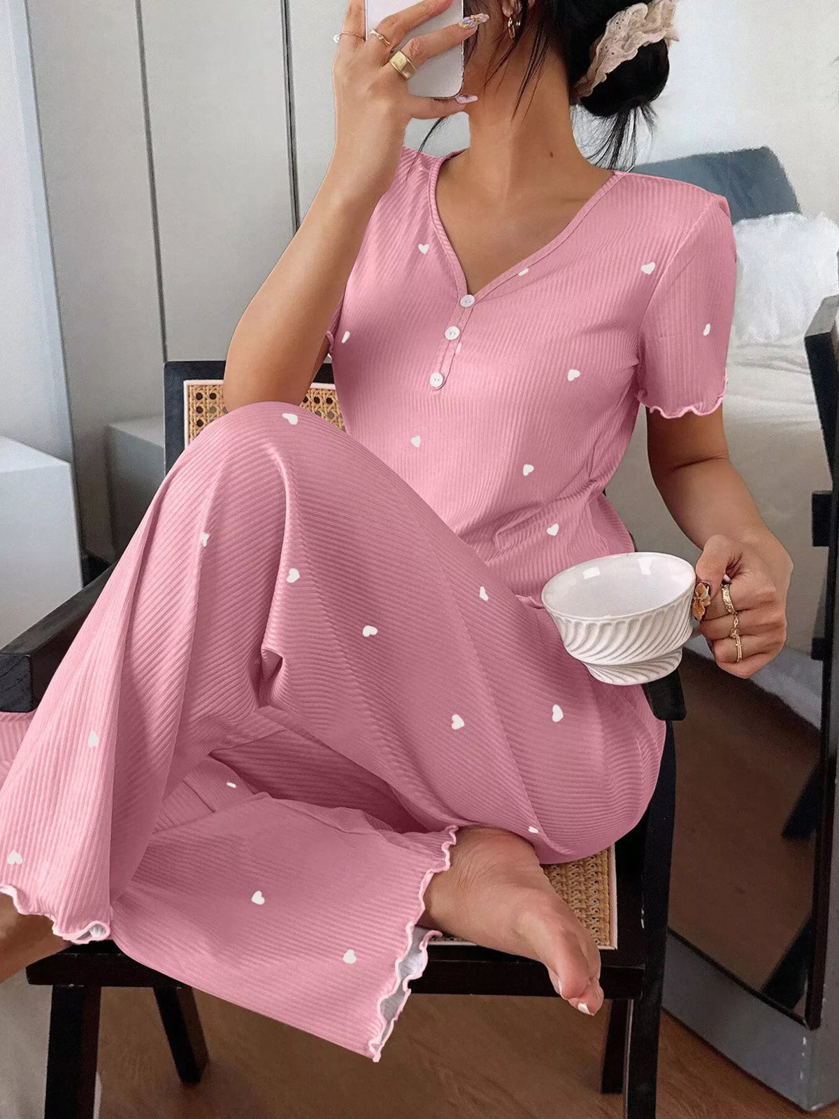 Women's Heart-Print Lettuce-Trim Loungewear Set