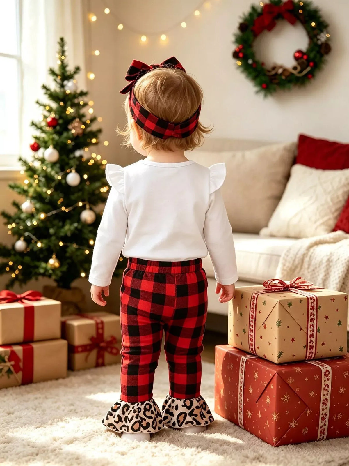 Baby Girls' Christmas Tree Top, Plaid Pants & Headband Set — photo 3