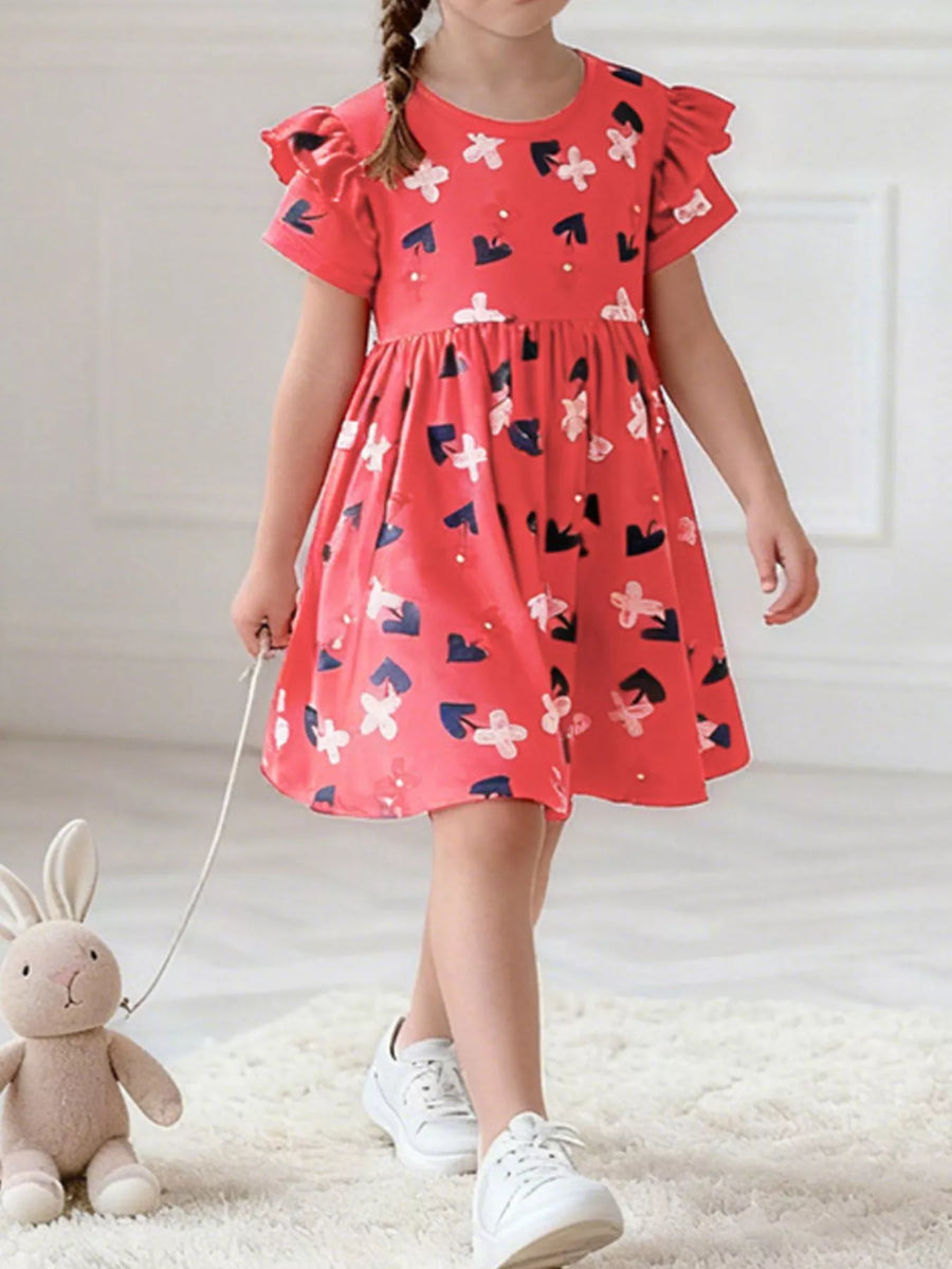 Floral Ruffle-Sleeve Cotton-Blend Dress — Red