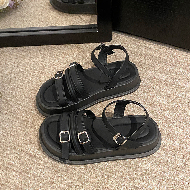 Women's Roman Style Flat Sandals | Buckle Beach Shoes | Black & Off-White