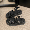 Women's Roman Style Flat Sandals | Buckle Beach Shoes | Black & Off-White