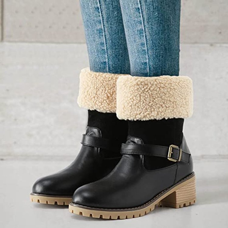 Women's Buckle Chunky Heel Western Boots | Warm Winter Round-Toe Mid Boots
