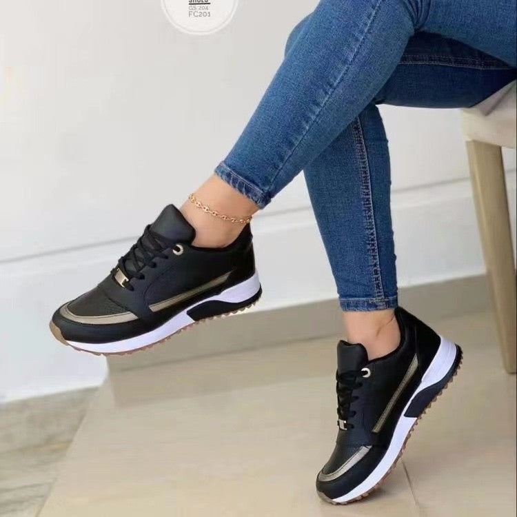 Women's Sequin Lace-Up Sneakers - Casual Round Toe Walking Shoes with Height-Enhancing Sole