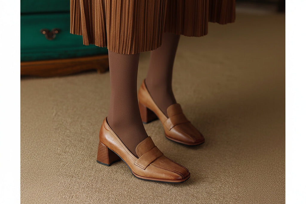 Women's Square Toe Chunky Heel Shoes – Sheepskin Upper, Retro Dress Heels in Blue & Apricot